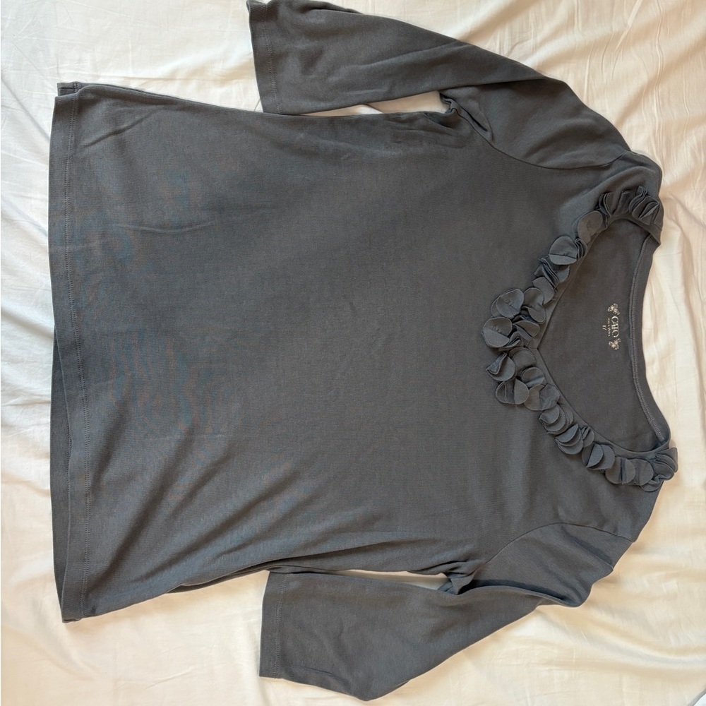 Cato Gray Long Sleeve Tee with Ruffle Neckline